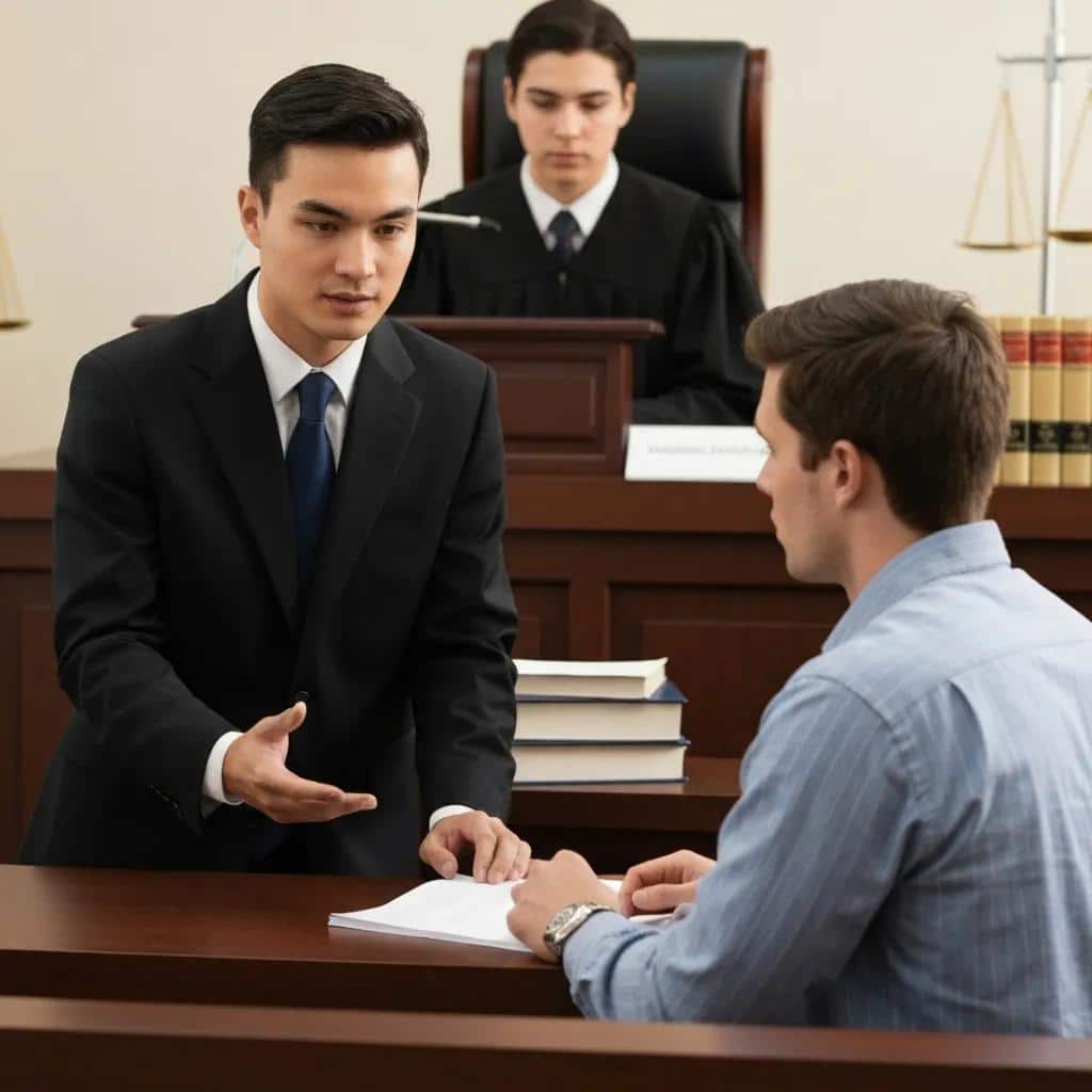 DUI lawyer consulting with a client in a courtroom setting
