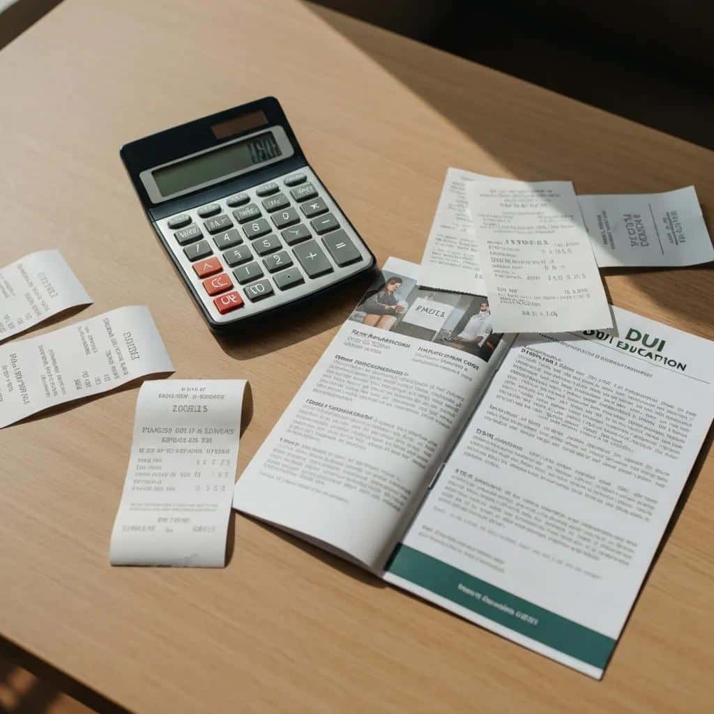 Various DUI-related expenses including receipts and a calculator on a table