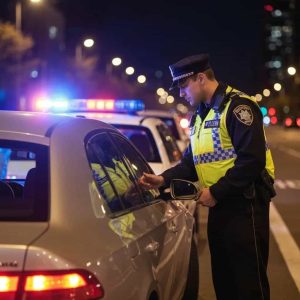 DUI stop scene with police officer and driver at night, highlighting the seriousness of DUI laws