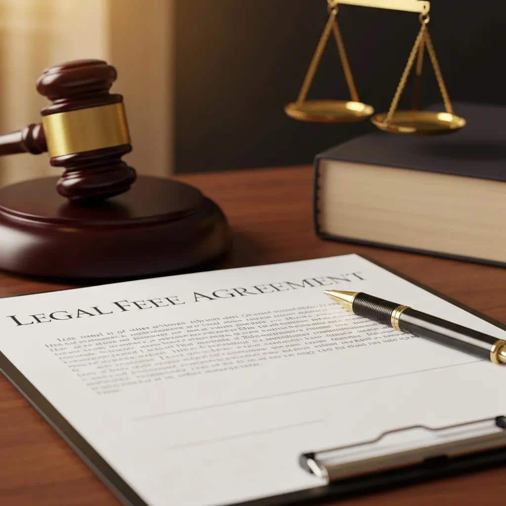 Close-up of a legal fee agreement document with a pen and gavel