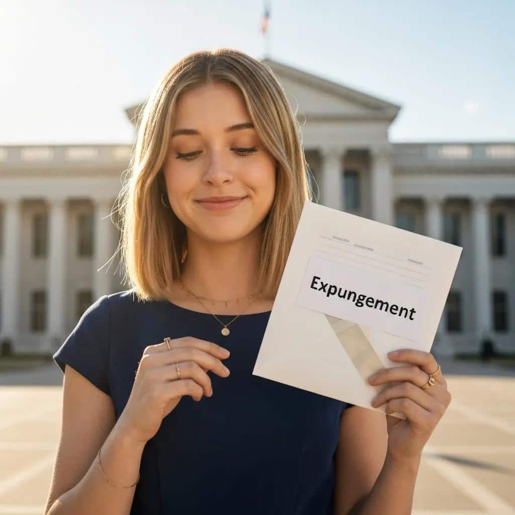 Person holding expungement envelope outside courthouse, symbolizing hope and new beginnings after DUI